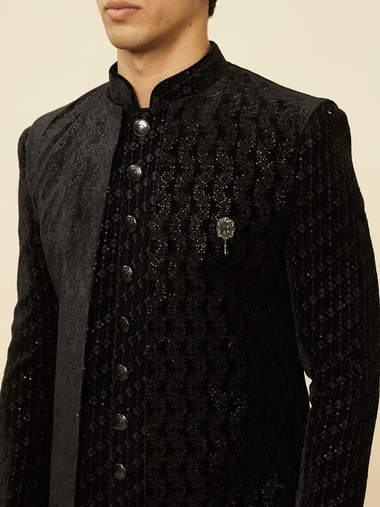 alt message - Manyavar Men Smokey Black Embroidered Layered Indo Western Set image number 1