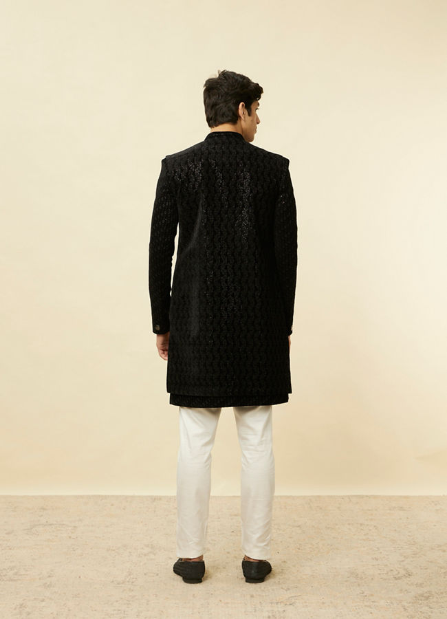 Manyavar Men Smokey Black Embroidered Layered Indo Western Set