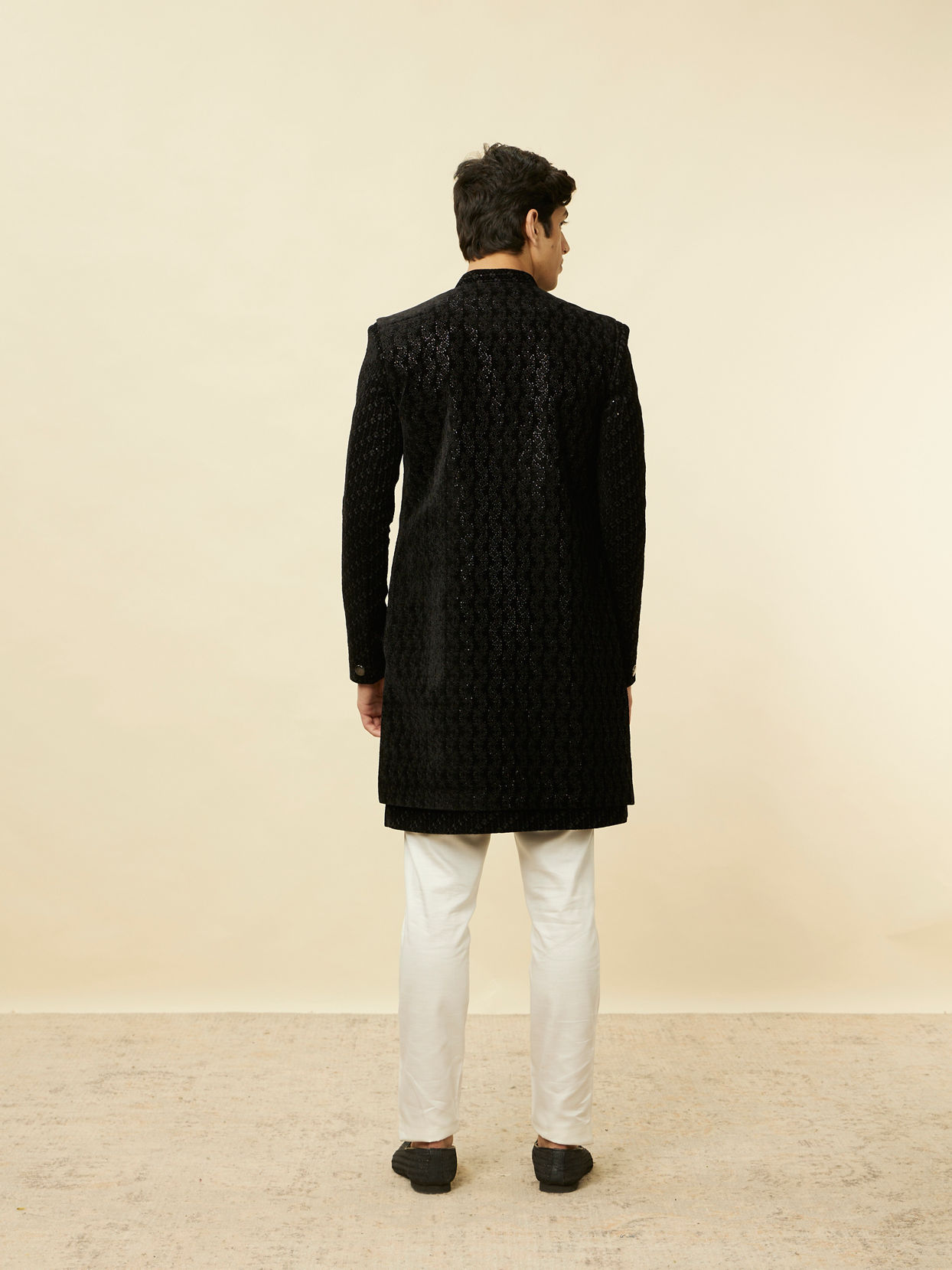 Manyavar Men Smokey Black Embroidered Layered Indo Western Set