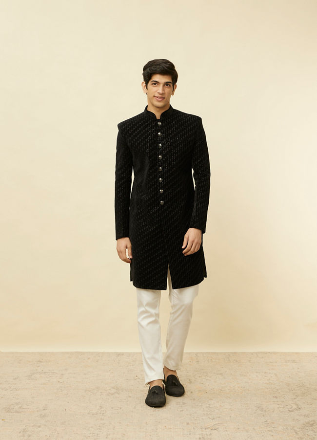 Manyavar Men Smokey Black Embroidered Layered Indo Western Set