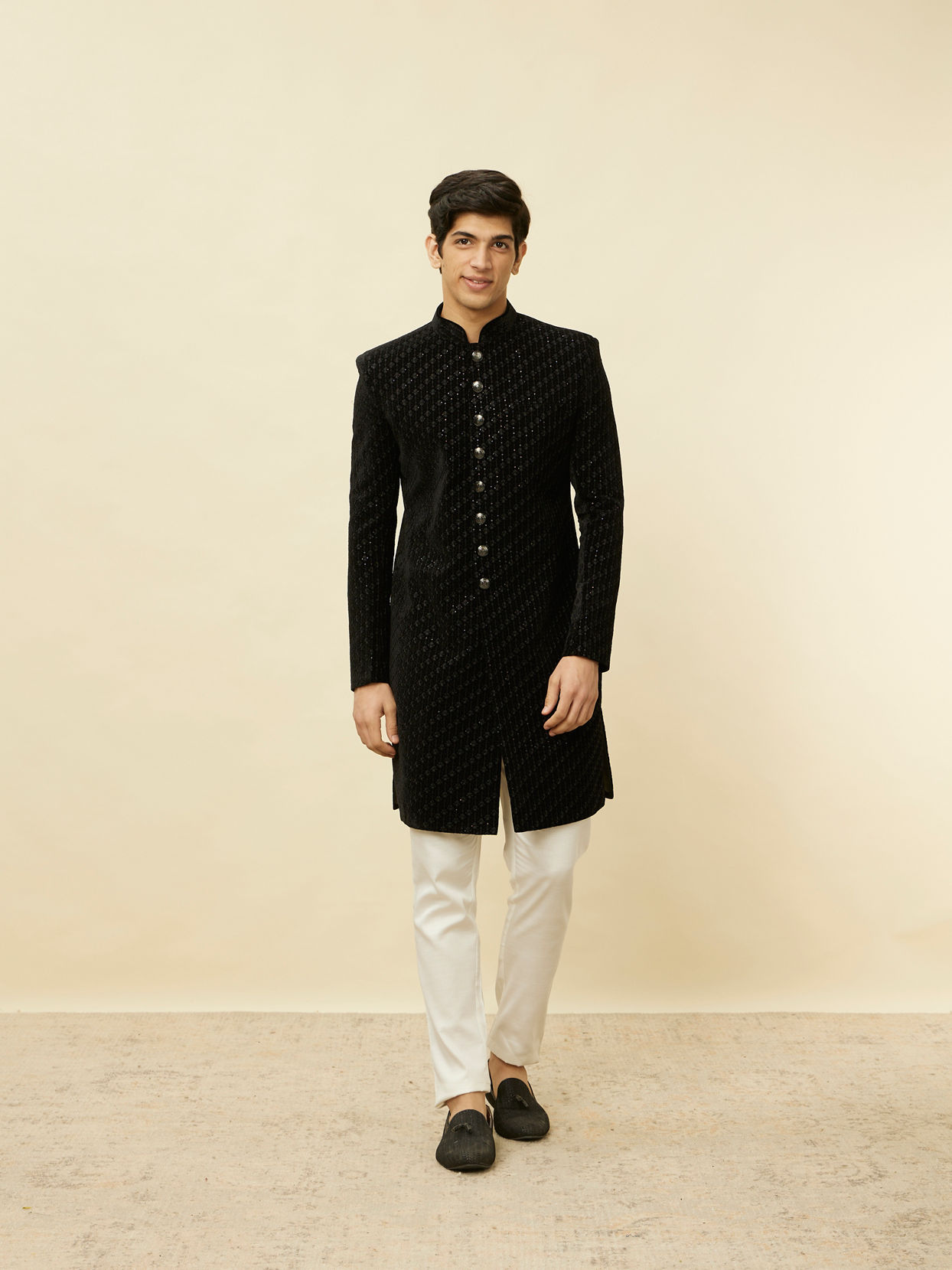 Manyavar Men Smokey Black Embroidered Layered Indo Western Set