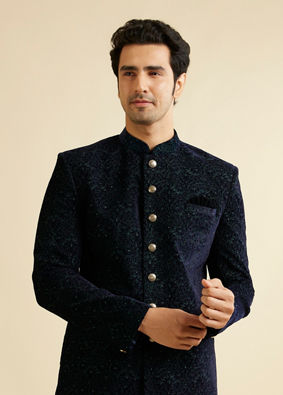 Manyavar Men Deep Blue and Dark Green Imperial Patterned Indo Western Set