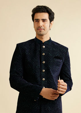 Manyavar Men Deep Blue and Dark Green Imperial Patterned Indo Western Set image number 0