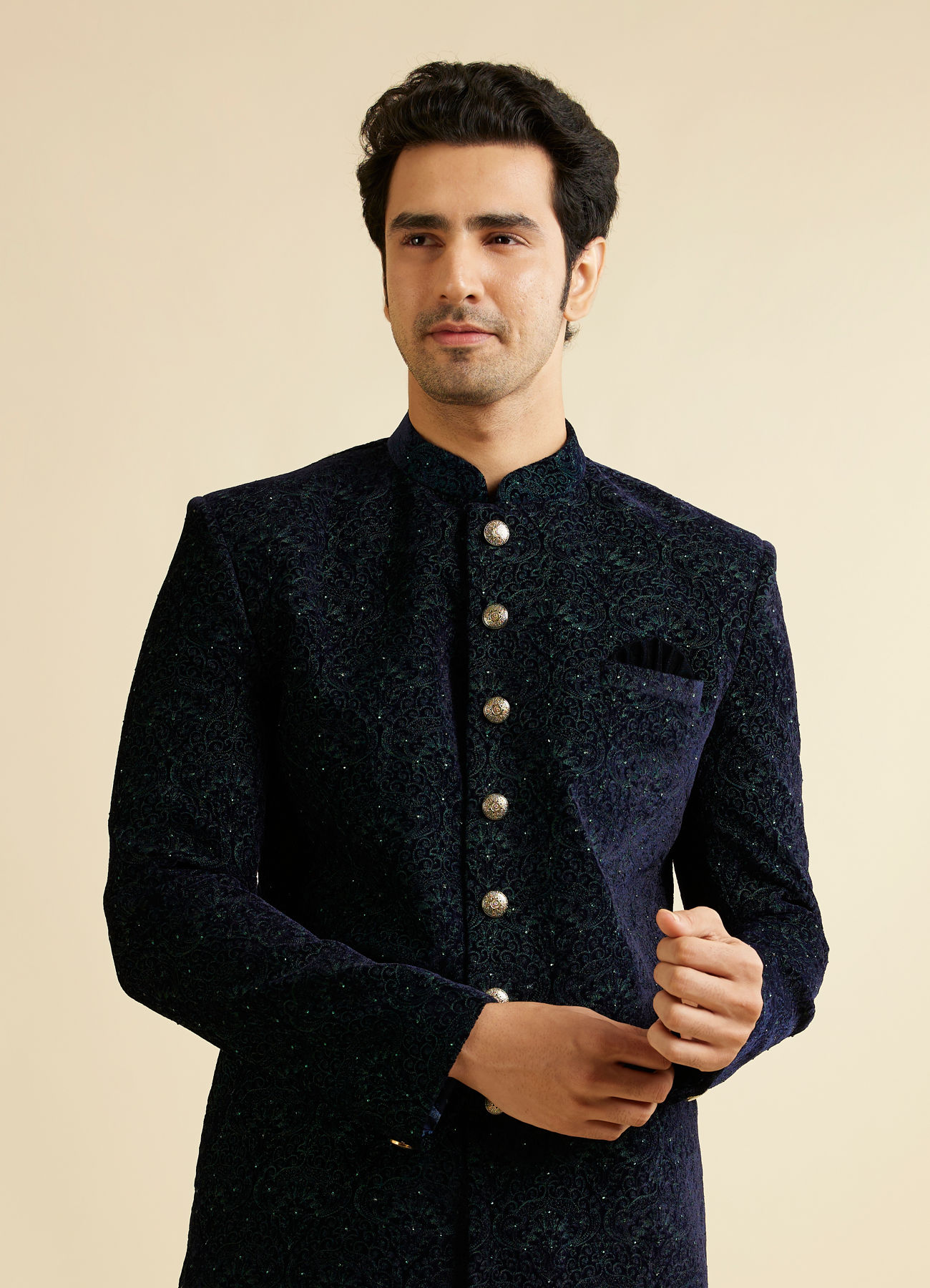 Manyavar Men Deep Blue and Dark Green Imperial Patterned Indo Western Set