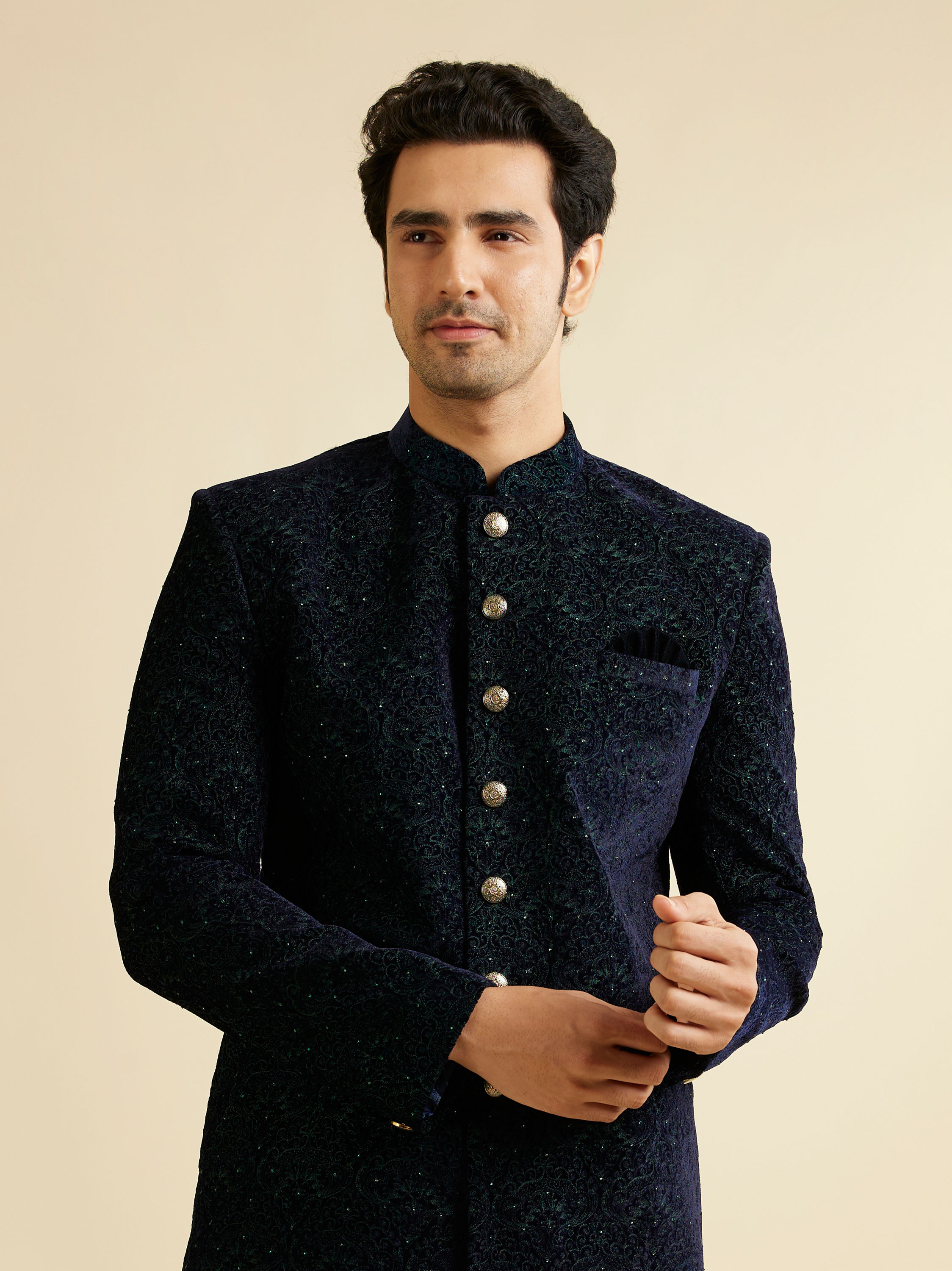 Manyavar Men Deep Blue and Dark Green Imperial Patterned Indo Western Set