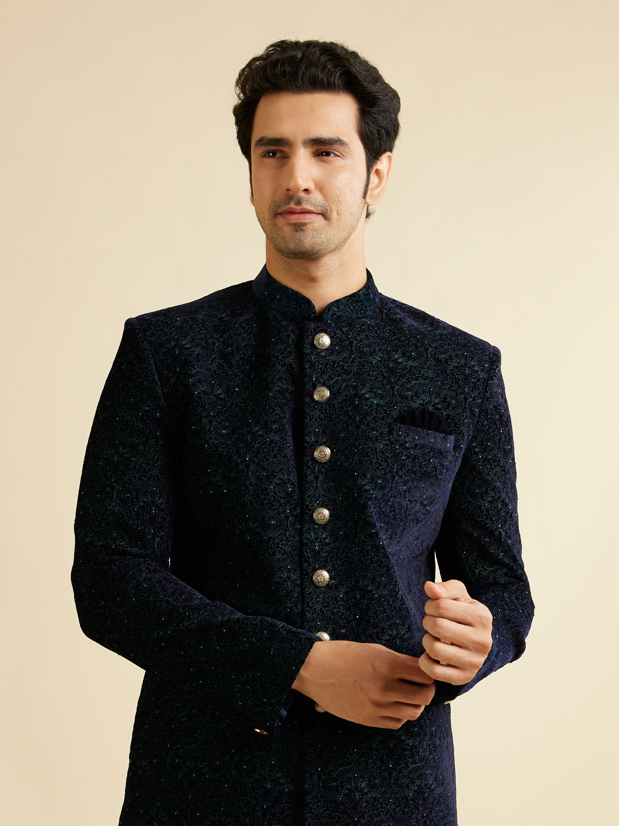 alt message - Manyavar Men Deep Blue and Dark Green Imperial Patterned Indo Western Set image number 0