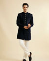 Manyavar Men Deep Blue and Dark Green Imperial Patterned Indo Western Set