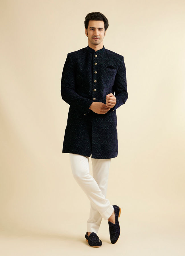Manyavar Men Deep Blue and Dark Green Imperial Patterned Indo Western Set