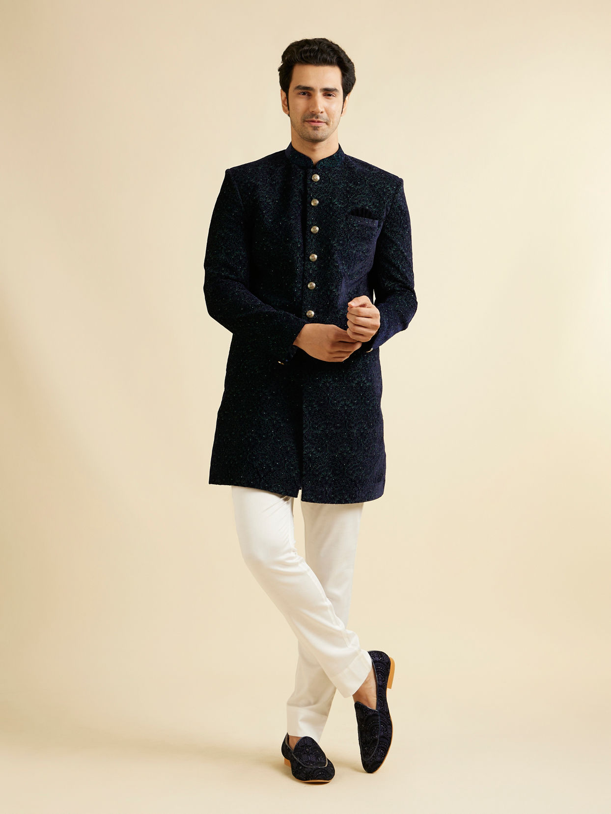 Manyavar Men Deep Blue and Dark Green Imperial Patterned Indo Western Set