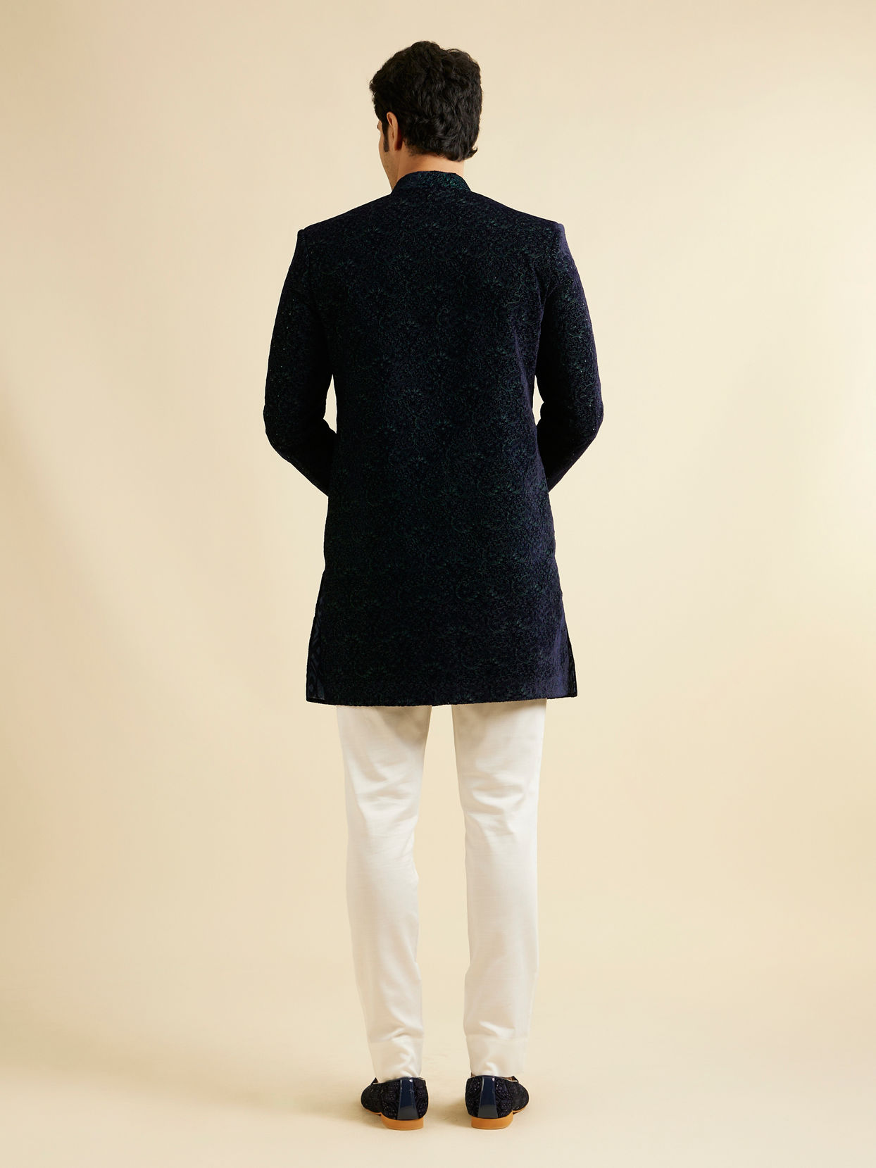 Manyavar Men Deep Blue and Dark Green Imperial Patterned Indo Western Set