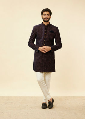 alt message - Manyavar Men Deep Blue and Brown Imperial Patterned Indo Western Set image number 2