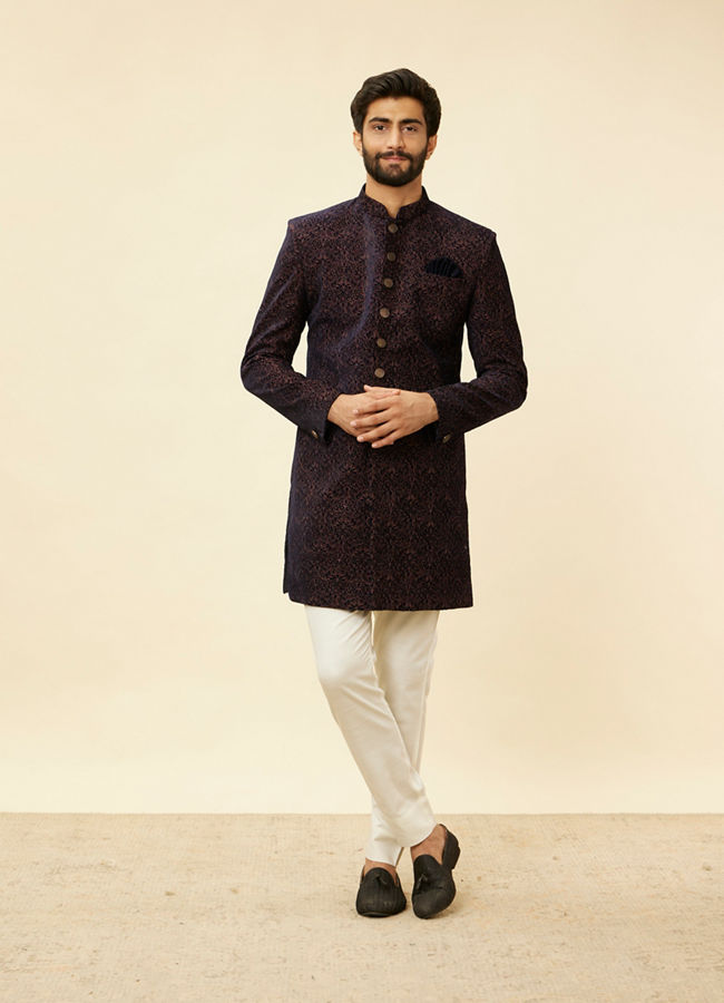 Manyavar Men Deep Blue and Brown Imperial Patterned Indo Western Set