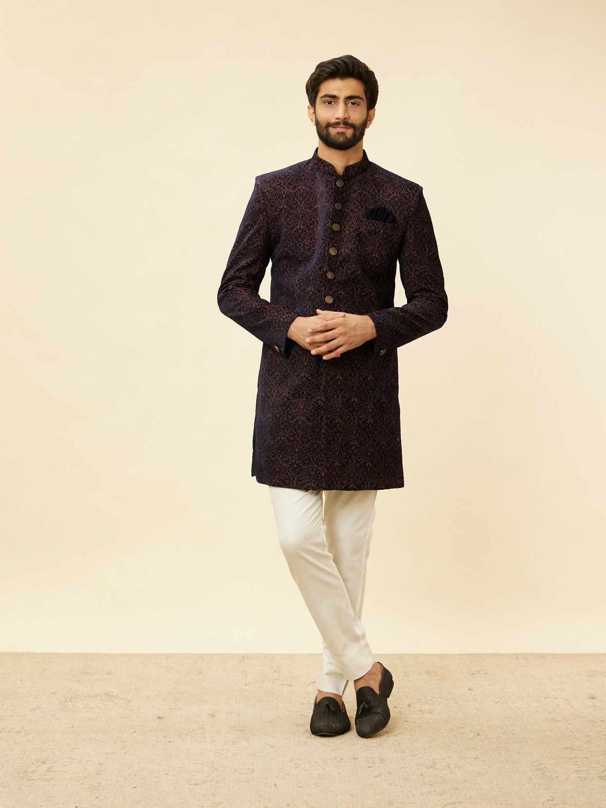 Manyavar Men Deep Blue and Brown Imperial Patterned Indo Western Set