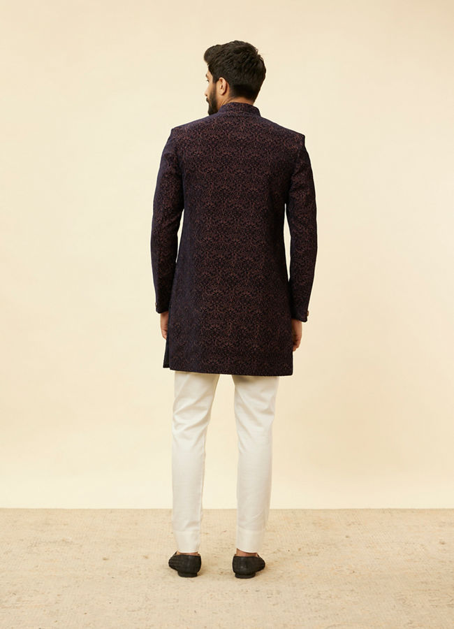 Manyavar Men Deep Blue and Brown Imperial Patterned Indo Western Set