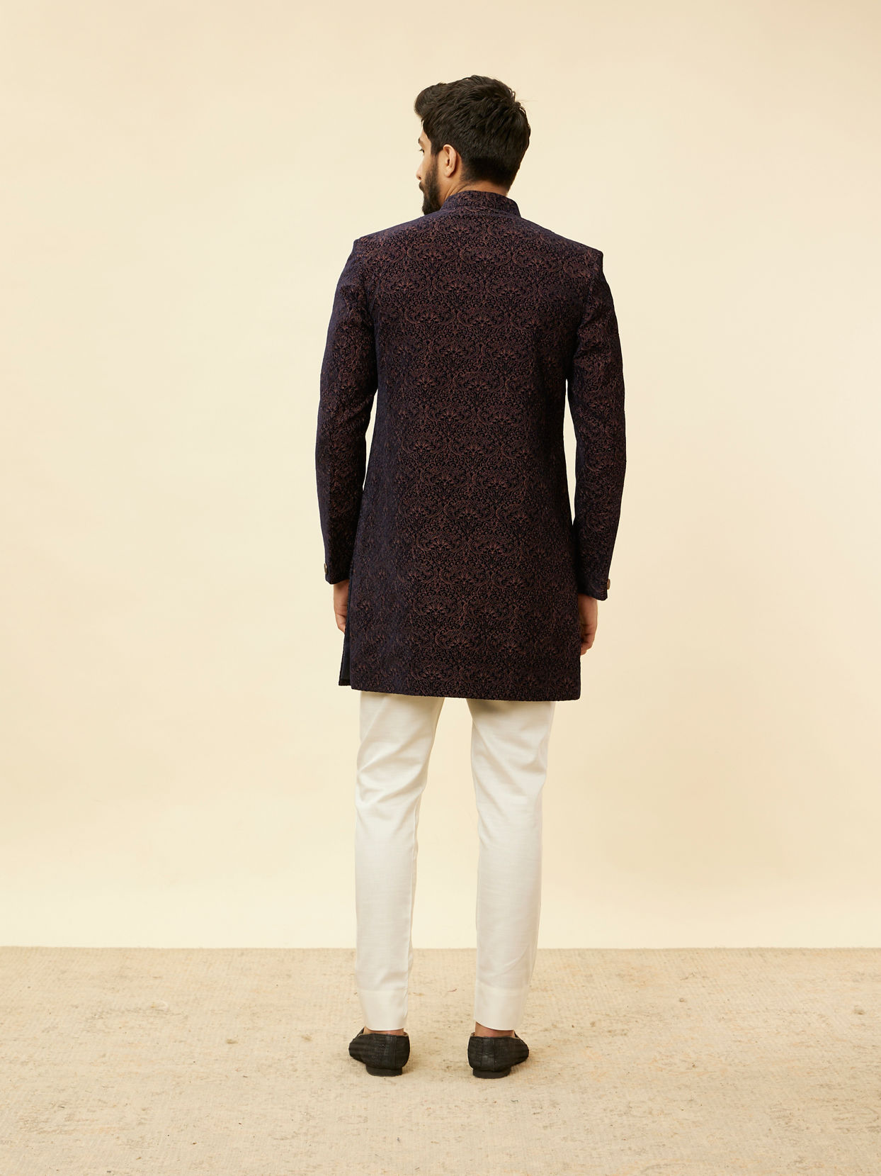 Manyavar Men Deep Blue and Brown Imperial Patterned Indo Western Set