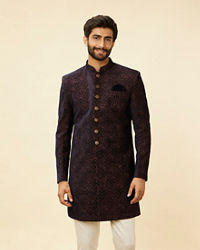 Manyavar Men Deep Blue and Brown Imperial Patterned Indo Western Set