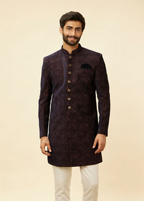 alt message - Manyavar Men Deep Blue and Brown Imperial Patterned Indo Western Set image number 0