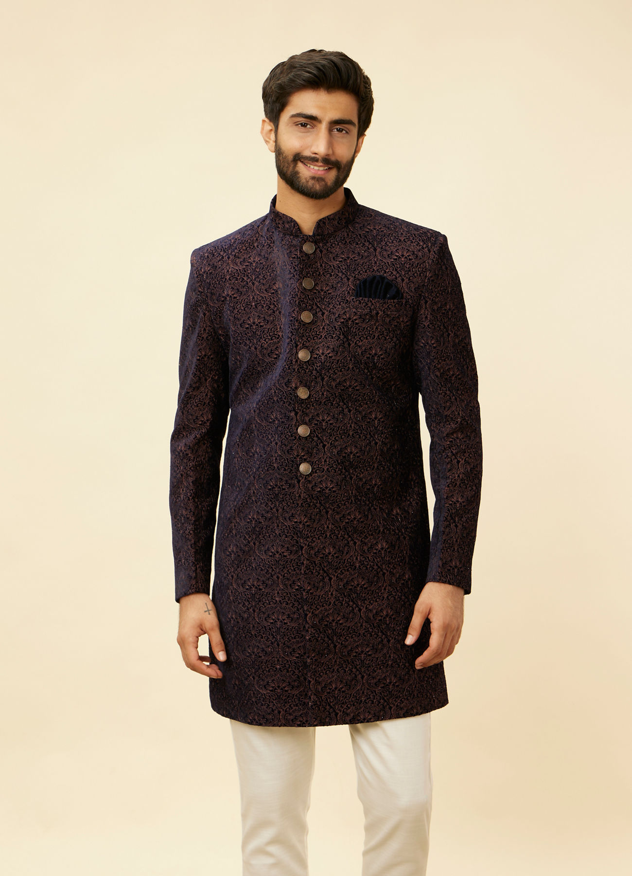 Manyavar Men Deep Blue and Brown Imperial Patterned Indo Western Set