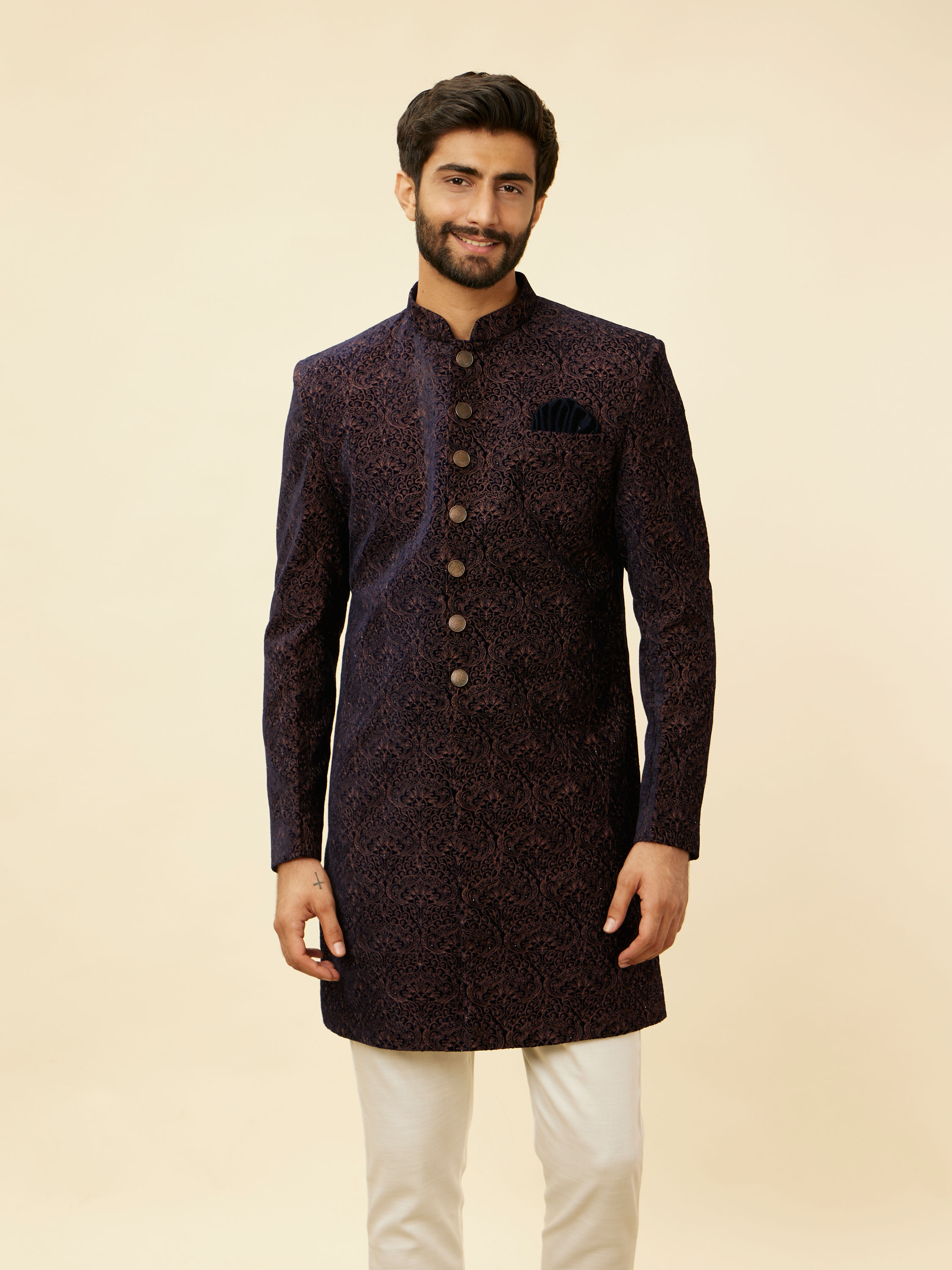 Manyavar Men Deep Blue and Brown Imperial Patterned Indo Western Set