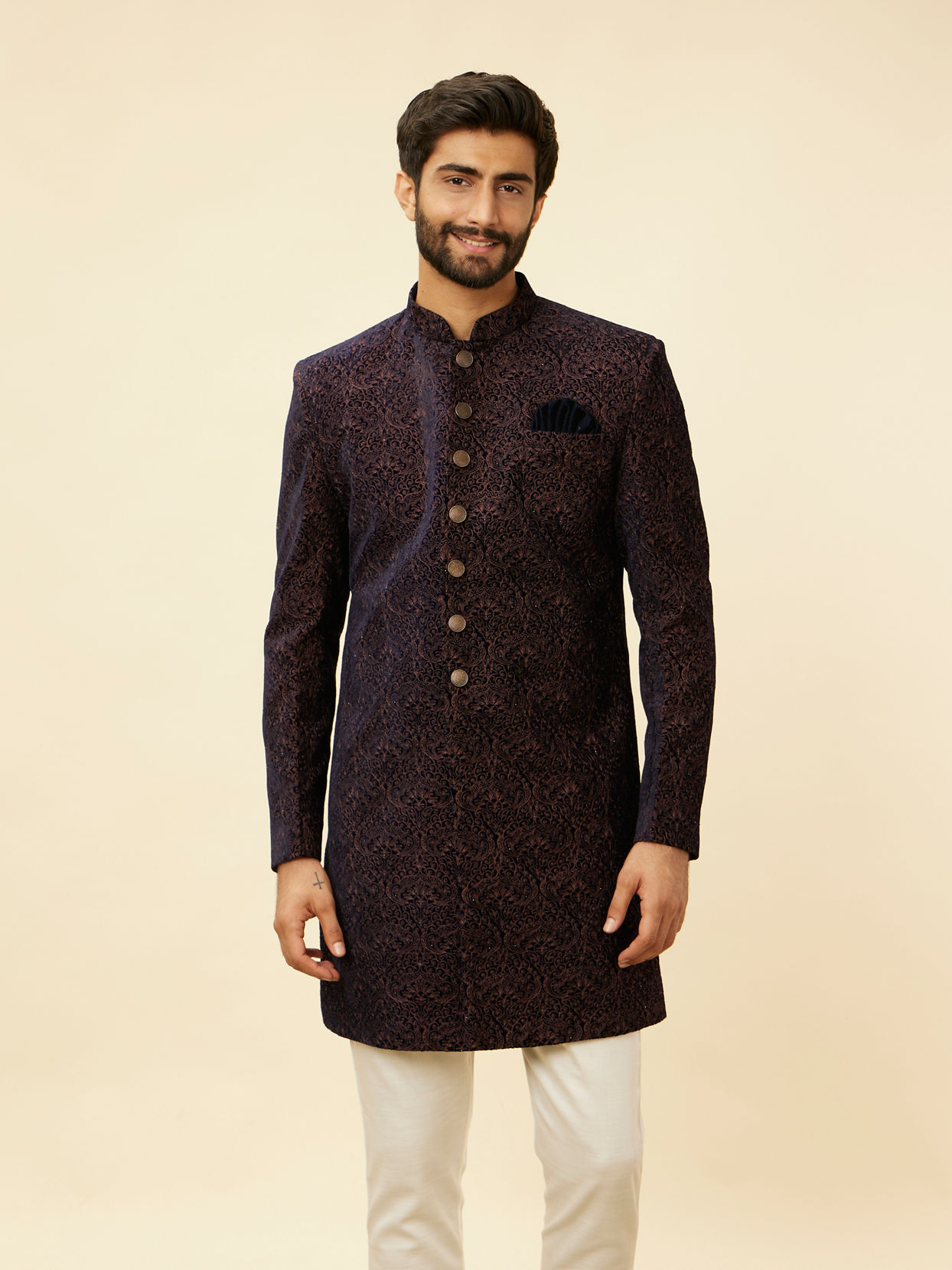 alt message - Manyavar Men Deep Blue and Brown Imperial Patterned Indo Western Set image number 0