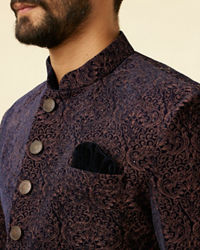 Manyavar Men Deep Blue and Brown Imperial Patterned Indo Western Set