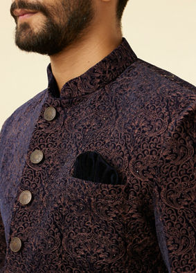 alt message - Manyavar Men Deep Blue and Brown Imperial Patterned Indo Western Set image number 1