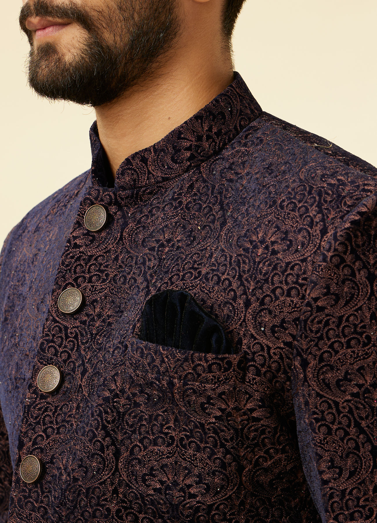 Manyavar Men Deep Blue and Brown Imperial Patterned Indo Western Set