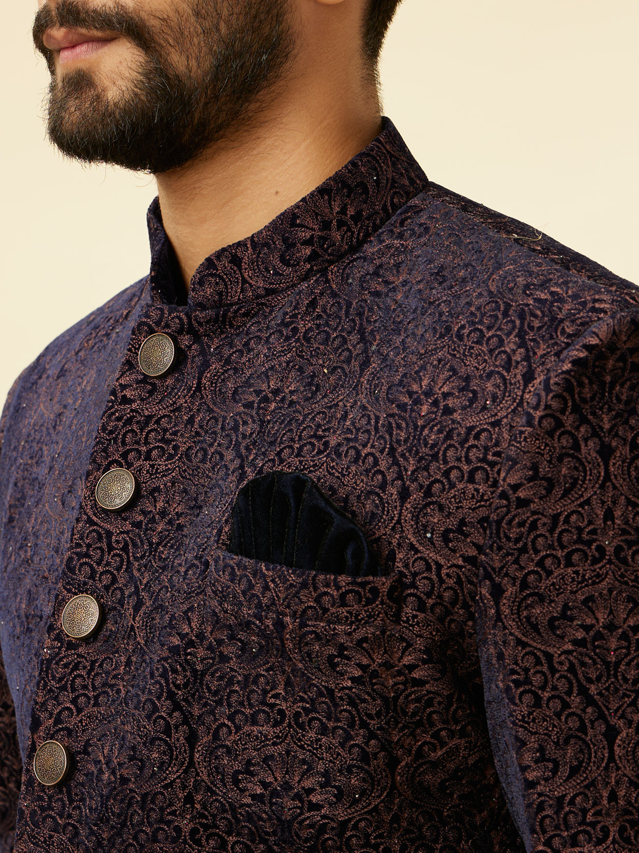 alt message - Manyavar Men Deep Blue and Brown Imperial Patterned Indo Western Set image number 1