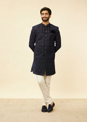 Manyavar Men Deep Blue and Grey Imperial Patterned Indo Western Set image number 2