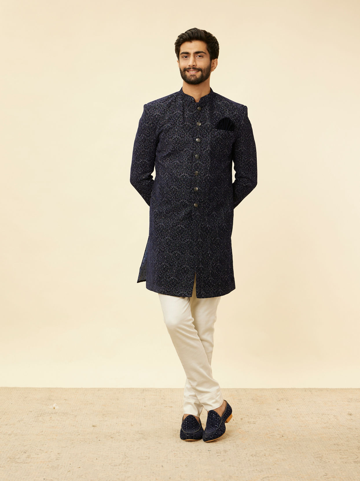 alt message - Manyavar Men Deep Blue and Grey Imperial Patterned Indo Western Set image number 2