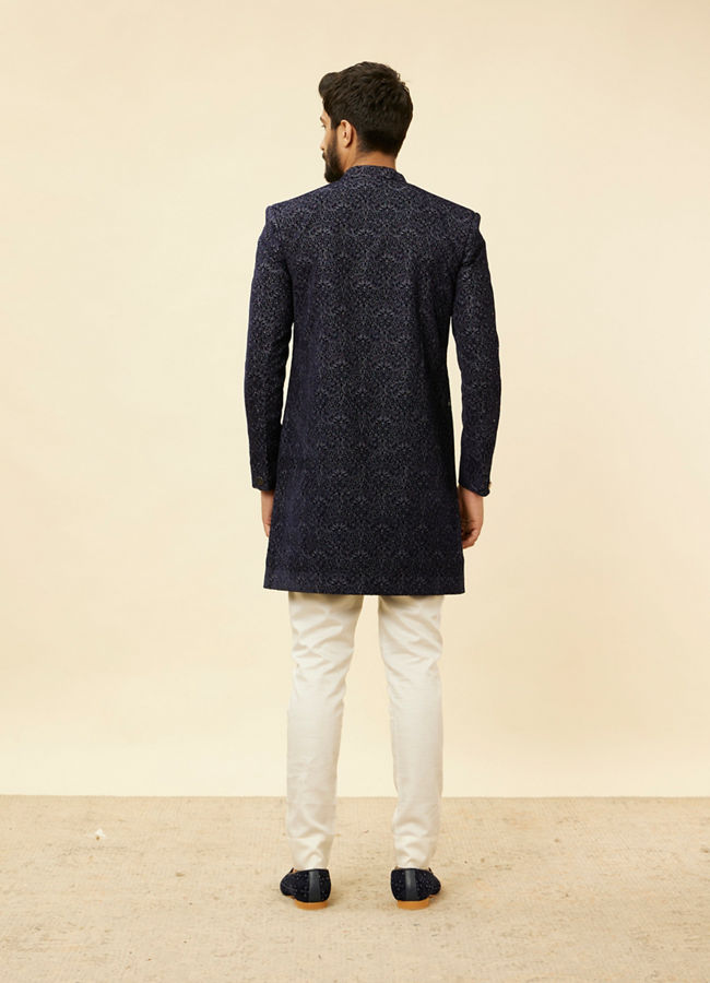 Manyavar Men Deep Blue and Grey Imperial Patterned Indo Western Set