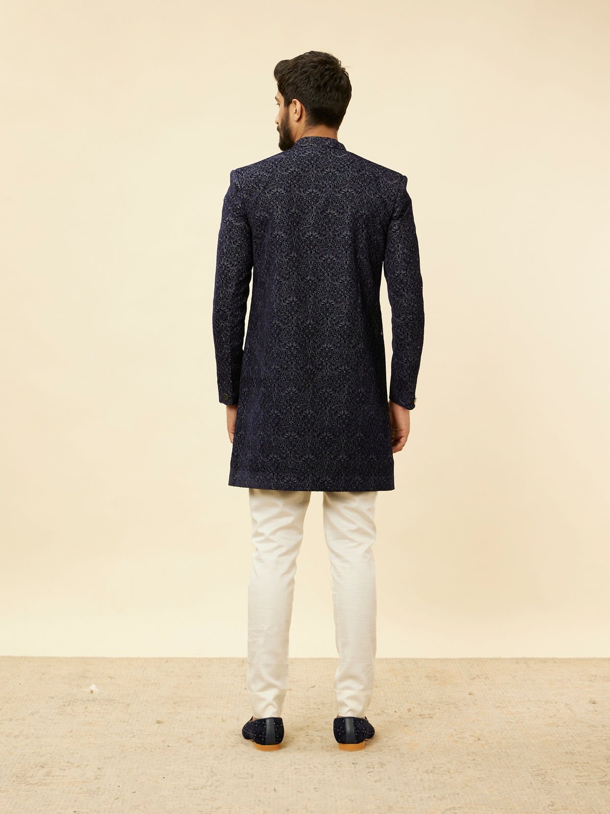 Manyavar Men Deep Blue and Grey Imperial Patterned Indo Western Set