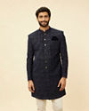 alt message - Manyavar Men Deep Blue and Grey Imperial Patterned Indo Western Set image number 0