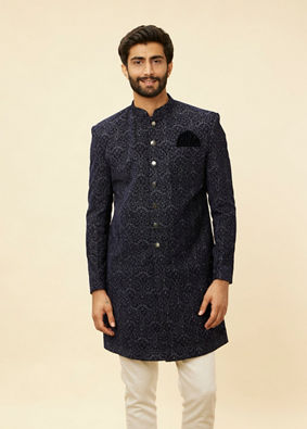 Manyavar Men Deep Blue and Grey Imperial Patterned Indo Western Set