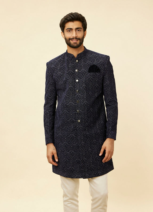 alt message - Manyavar Men Deep Blue and Grey Imperial Patterned Indo Western Set image number 0