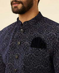 Manyavar Men Deep Blue and Grey Imperial Patterned Indo Western Set