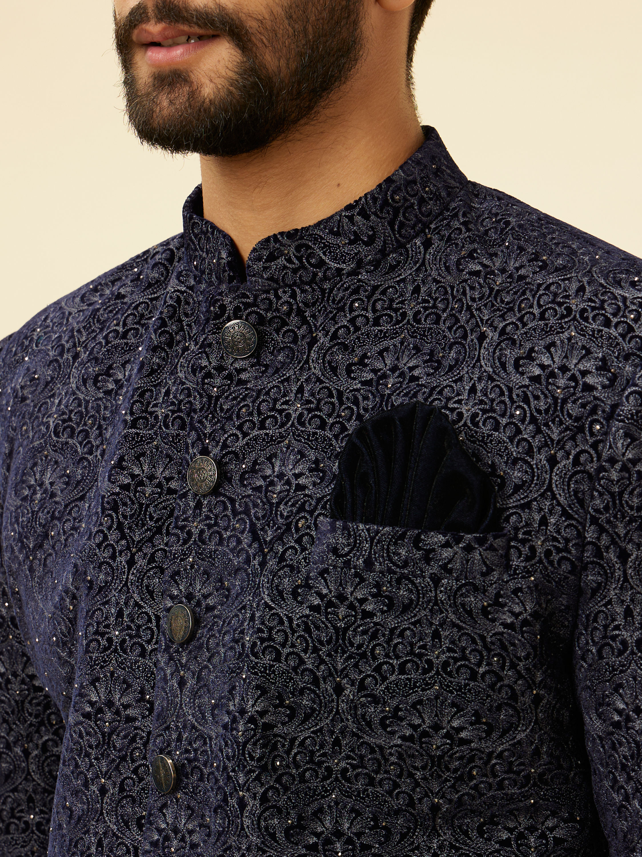 Manyavar Men Deep Blue and Grey Imperial Patterned Indo Western Set