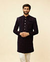 alt message - Manyavar Men Deep Blue and Wine Imperial Patterned Indo Western Set image number 0