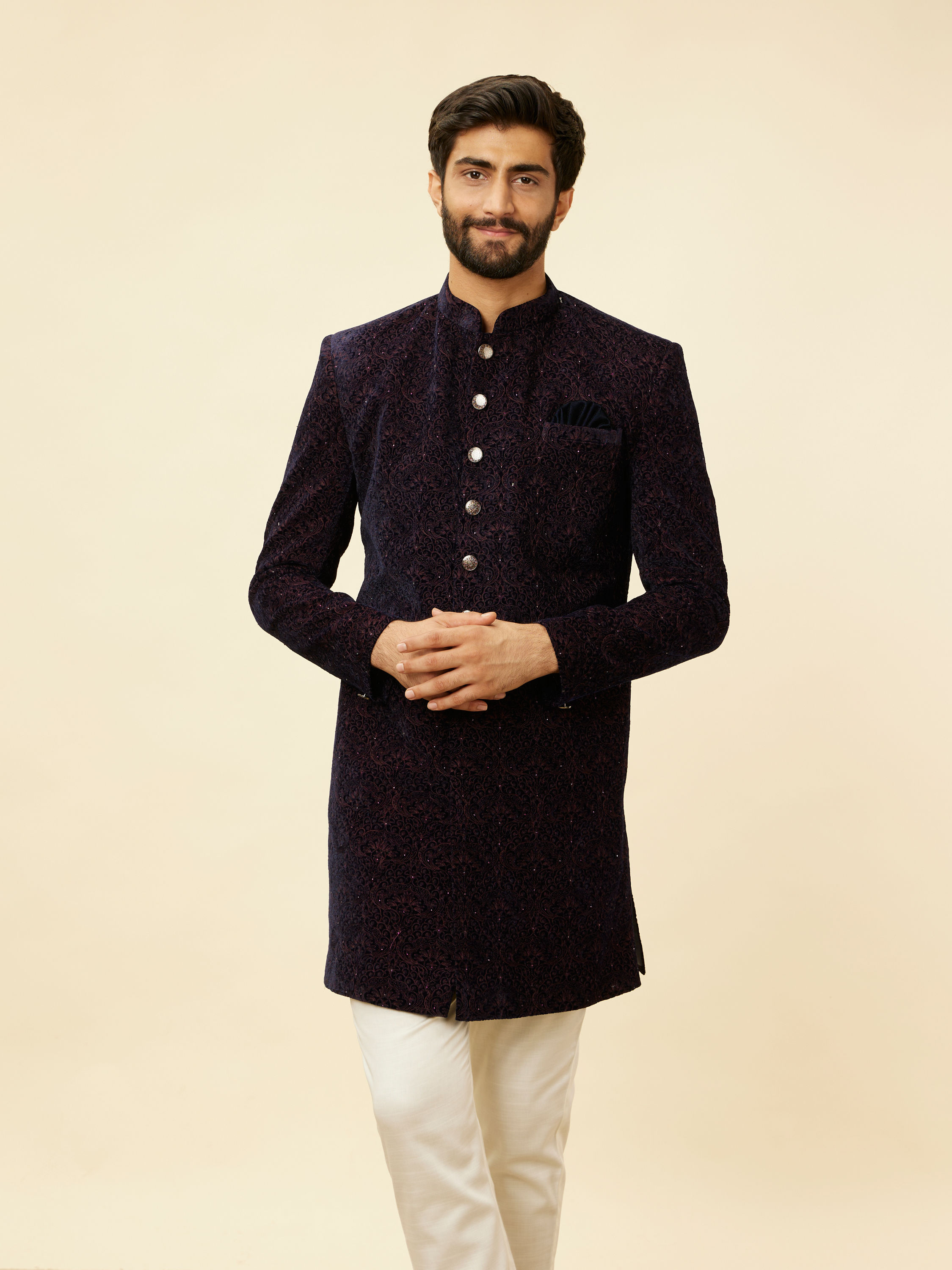 Manyavar Men Deep Blue and Wine Imperial Patterned Indo Western Set