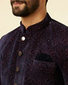 alt message - Manyavar Men Deep Blue and Wine Imperial Patterned Indo Western Set image number 1