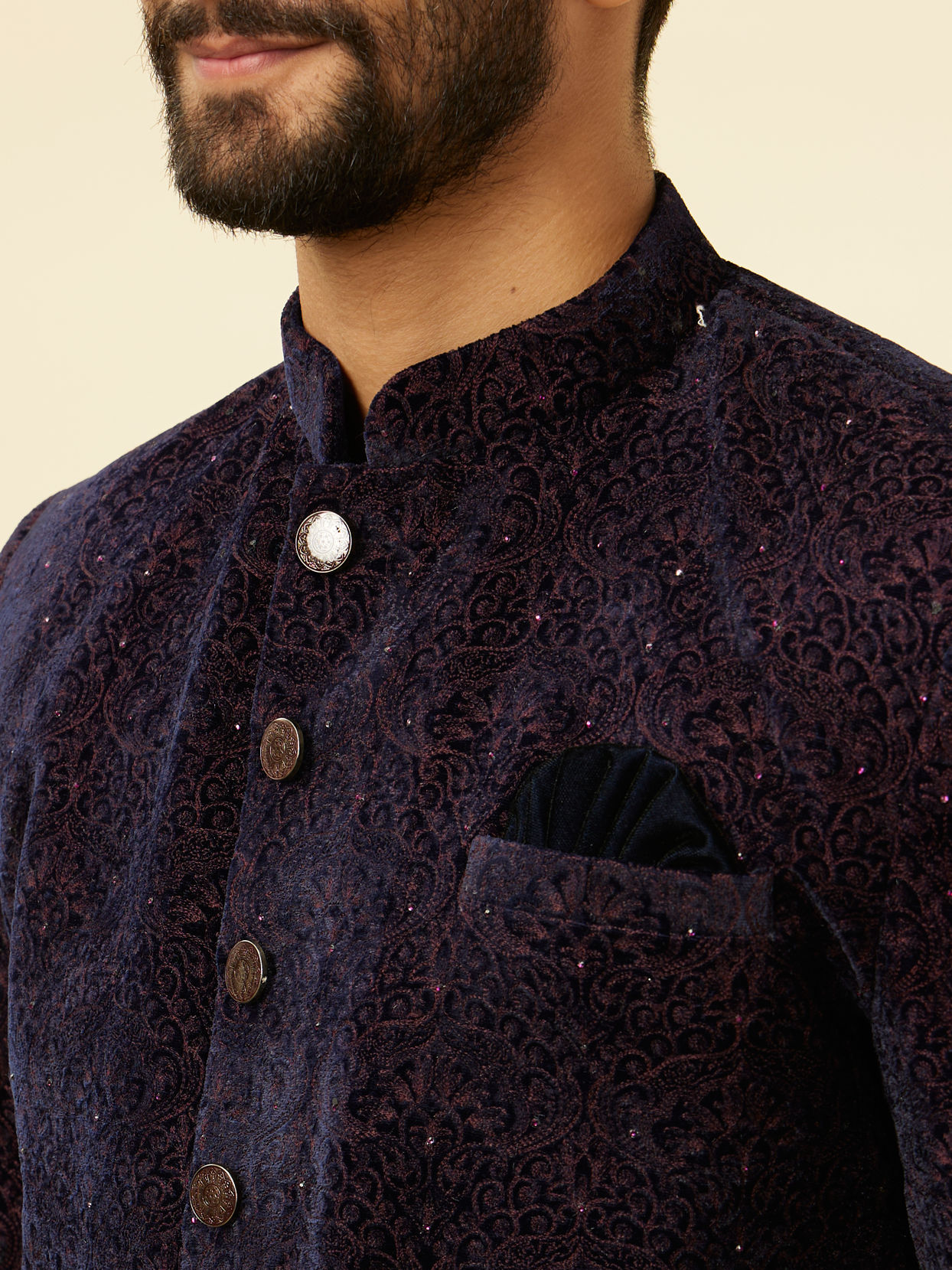 alt message - Manyavar Men Deep Blue and Wine Imperial Patterned Indo Western Set image number 1