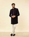 Manyavar Men Deep Blue and Wine Imperial Patterned Indo Western Set