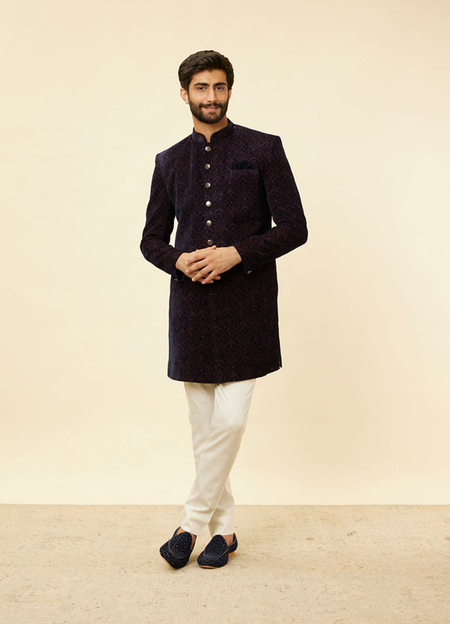 Manyavar Men Deep Blue and Wine Imperial Patterned Indo Western Set