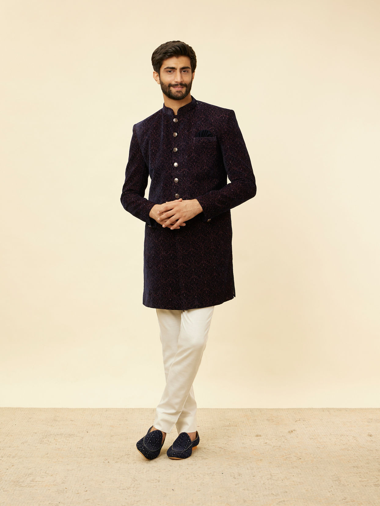 Manyavar Men Deep Blue and Wine Imperial Patterned Indo Western Set