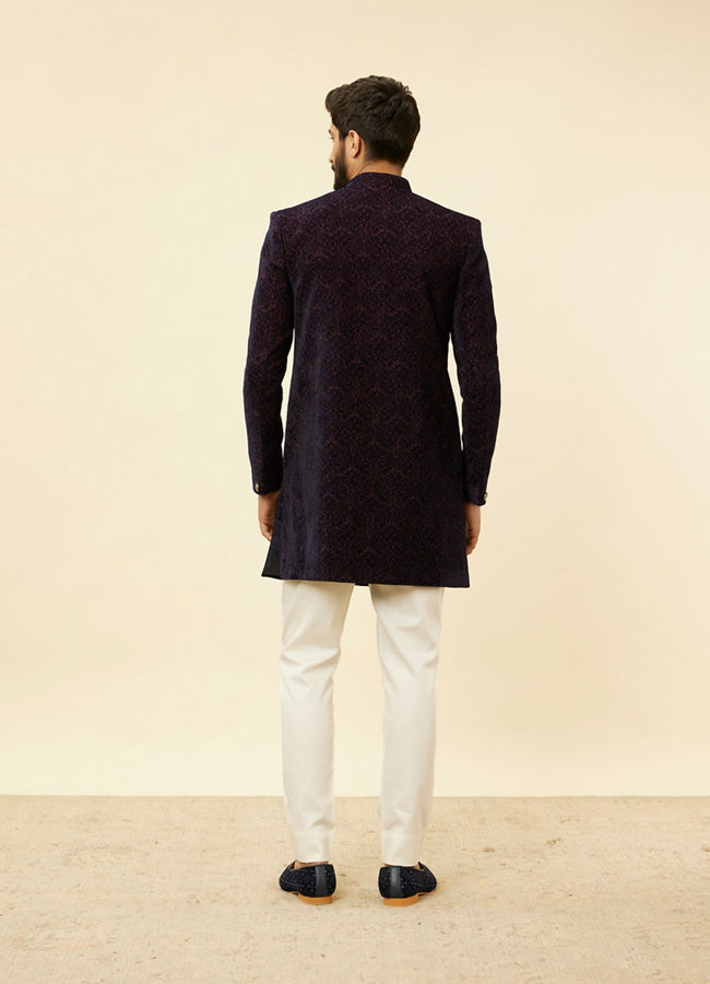 Manyavar Men Deep Blue and Wine Imperial Patterned Indo Western Set