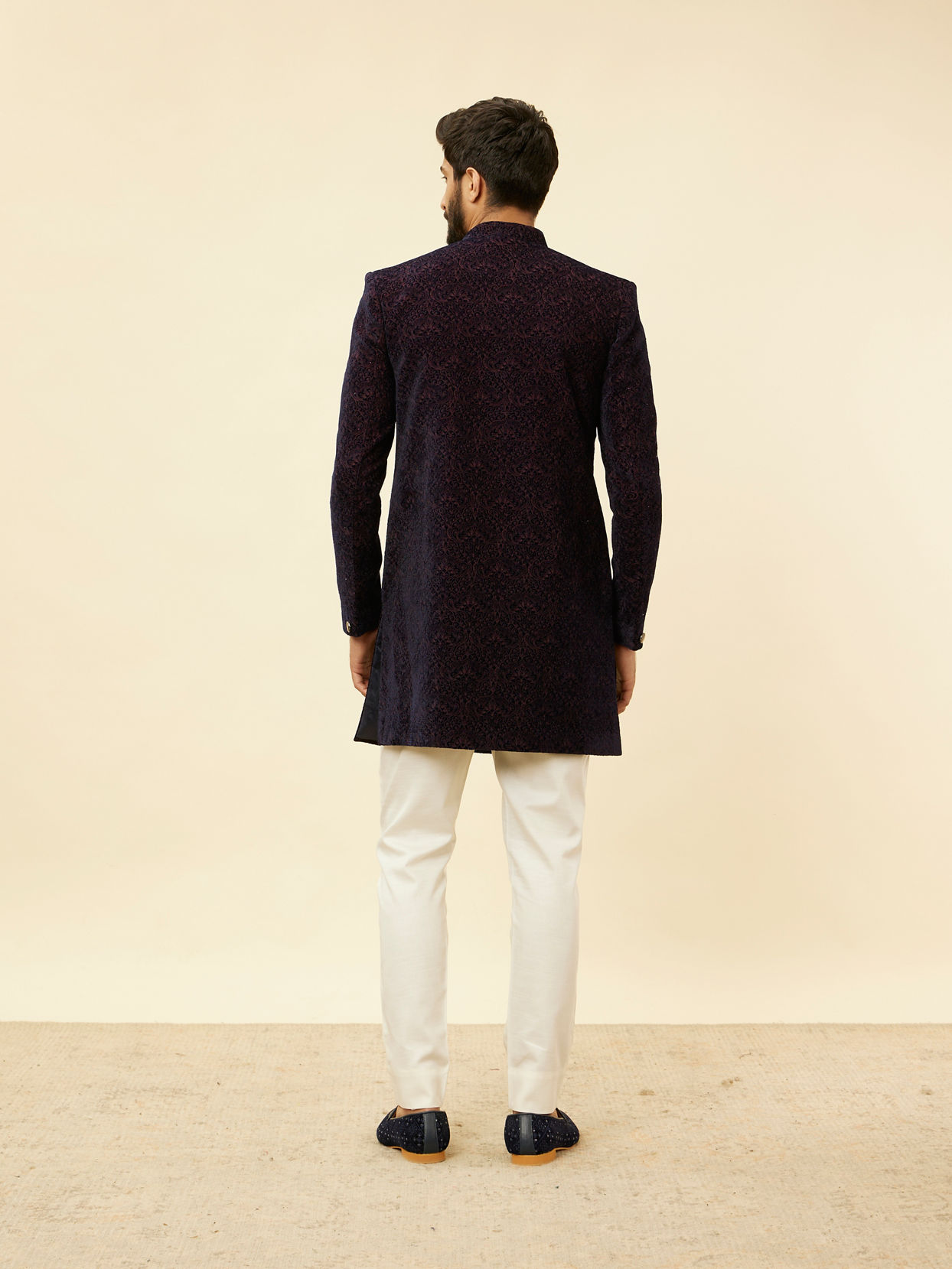 Manyavar Men Deep Blue and Wine Imperial Patterned Indo Western Set