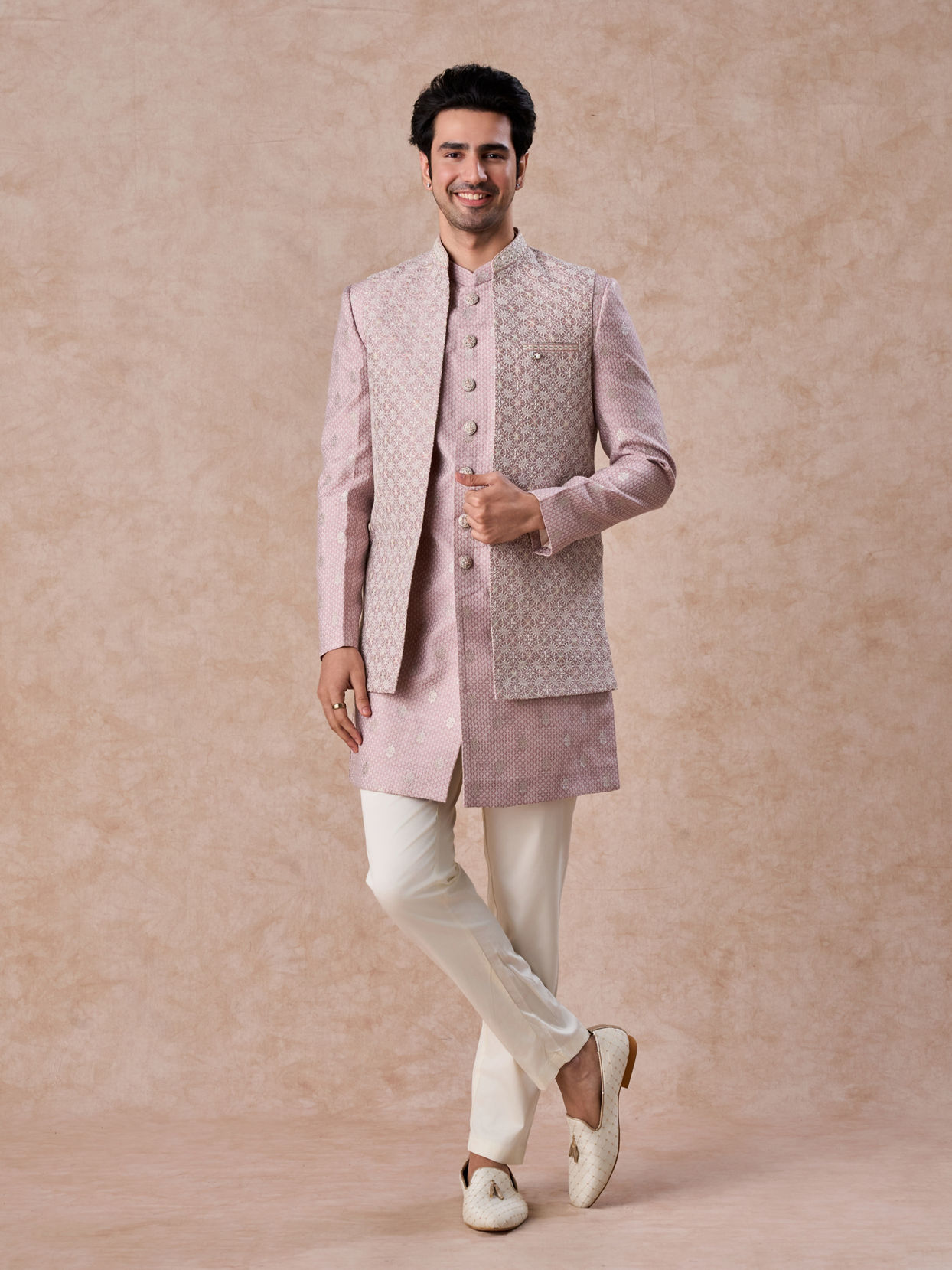Manyavar Men Elegant Dusty Pink Indo Western