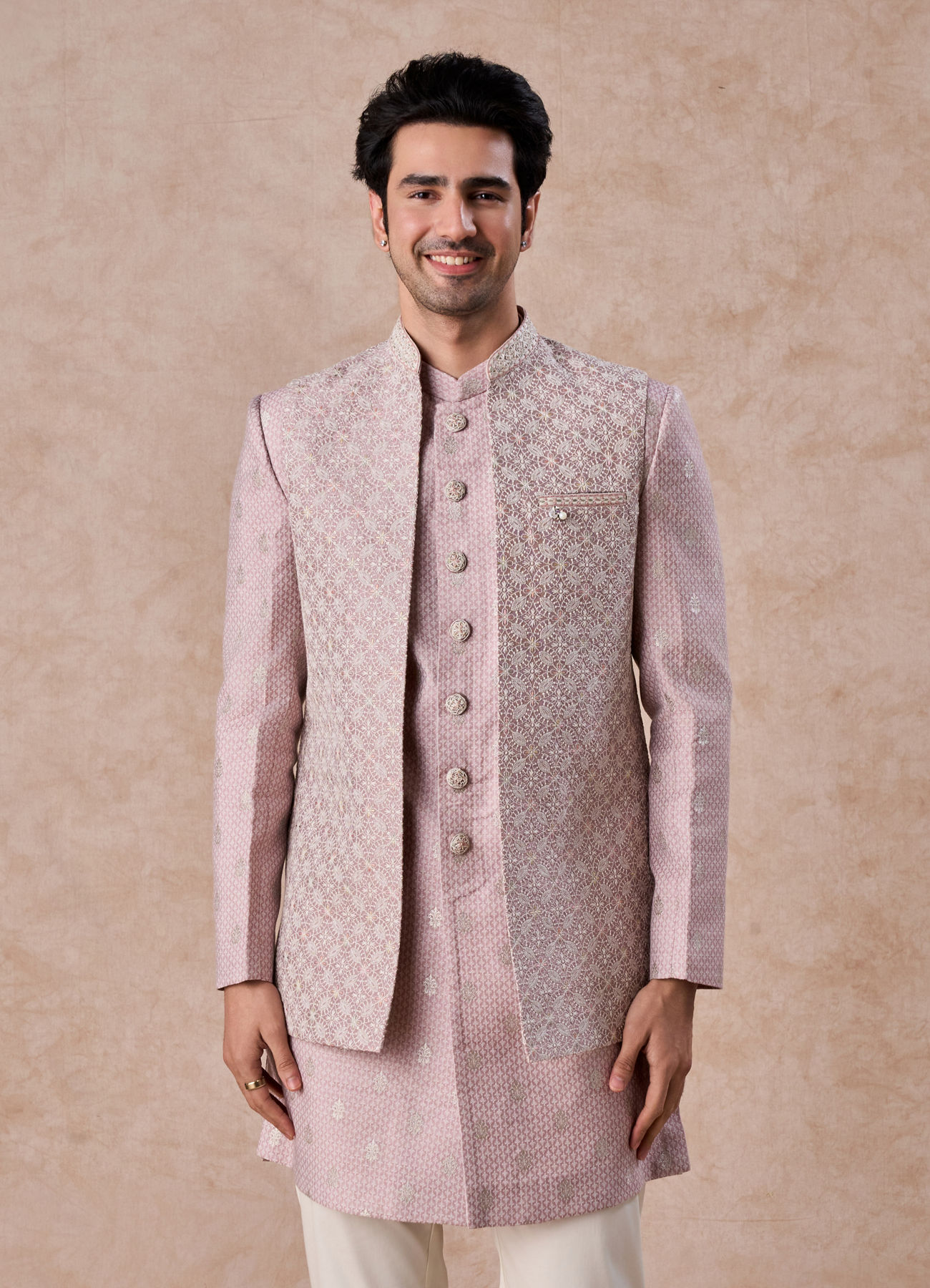 Manyavar Men Elegant Dusty Pink Indo Western
