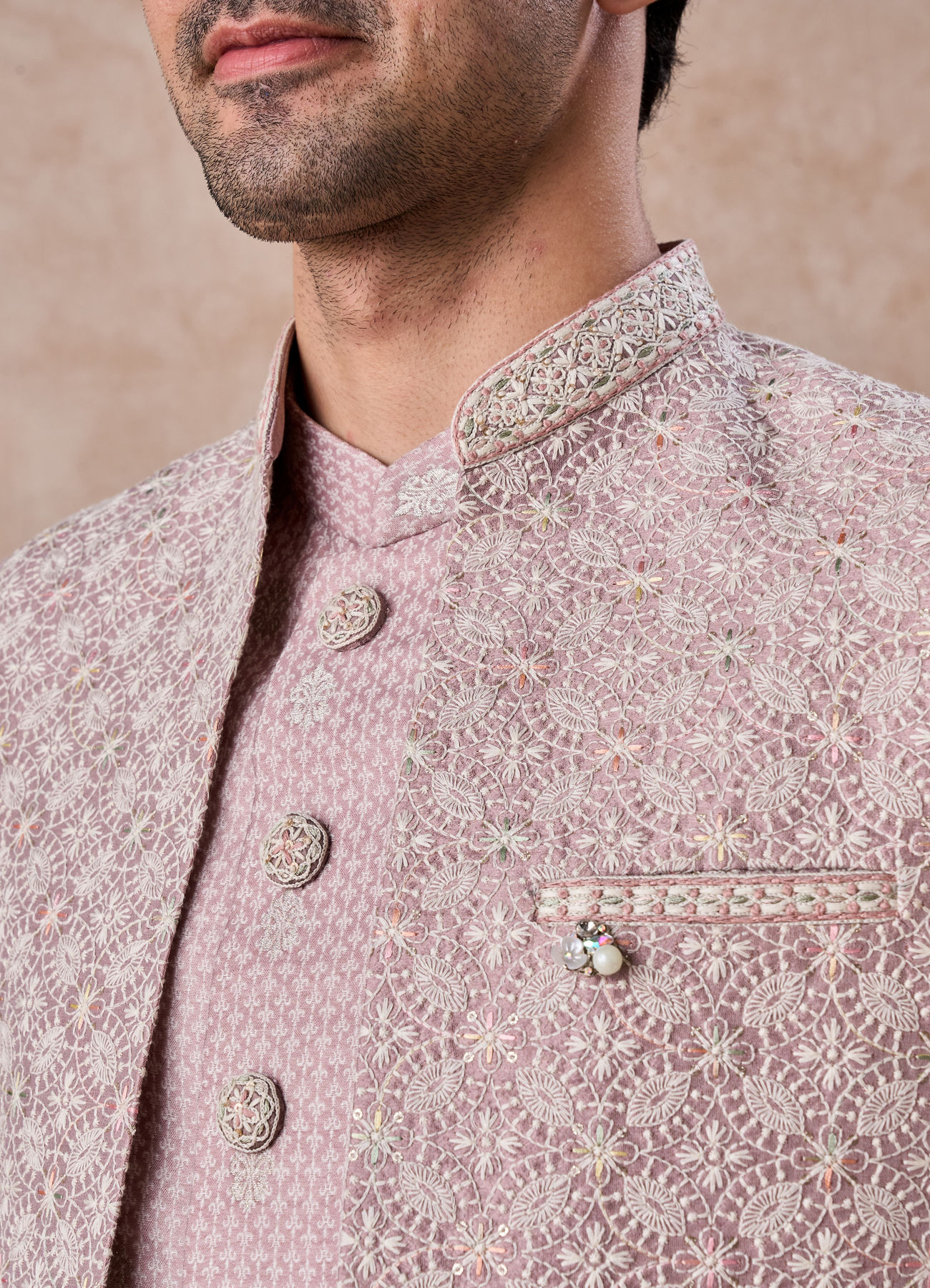 Manyavar Men Elegant Dusty Pink Indo Western