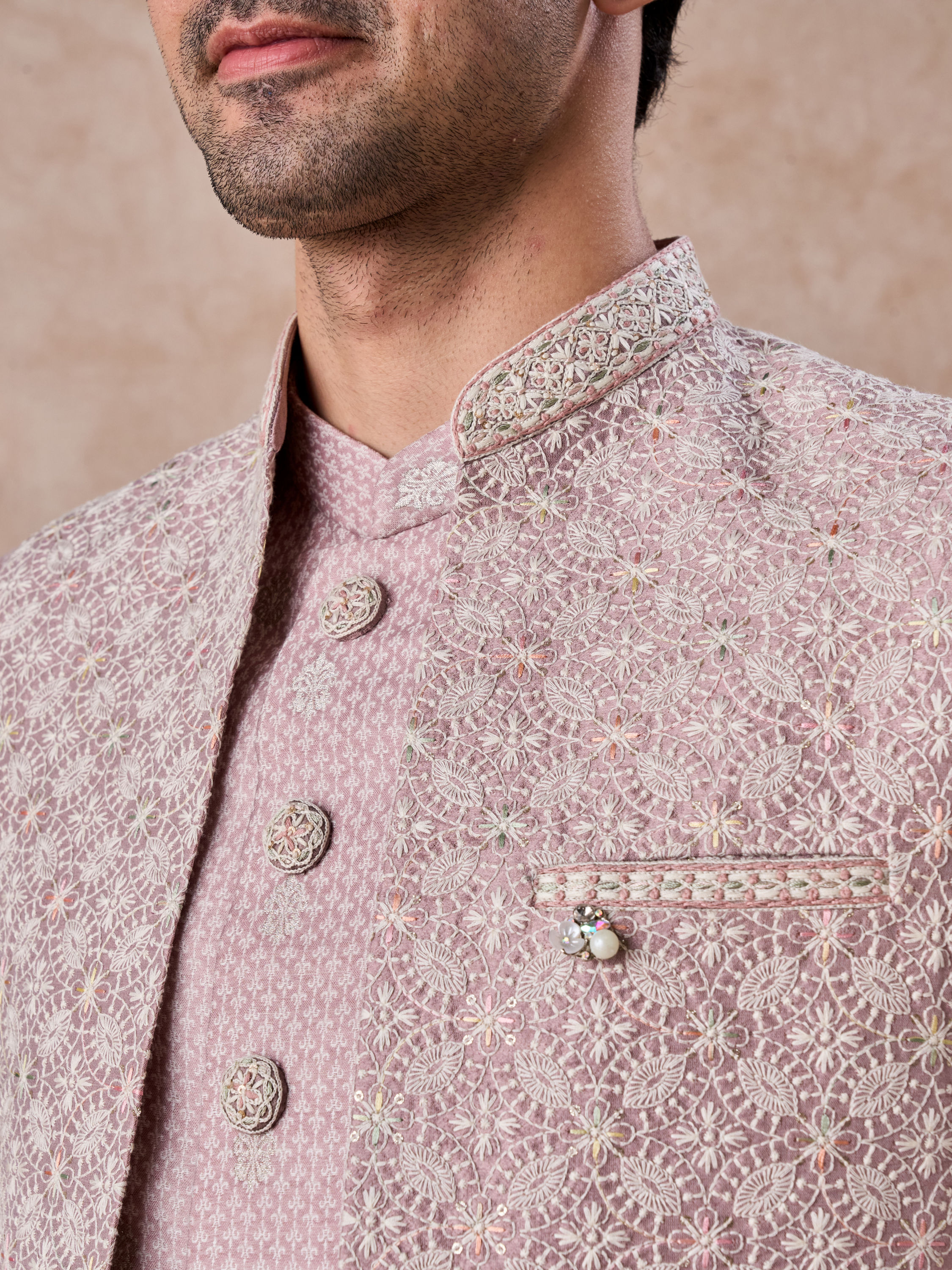 Manyavar Men Elegant Dusty Pink Indo Western